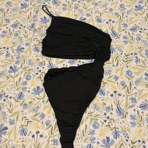 Windsor black one shoulder, ruched body, cut out waist bodysuit